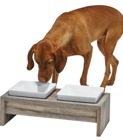 Artisan Double Bowl Dog Feeder With Wood Stand - Fossil
