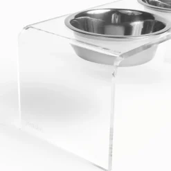 Medium Height Double Dog Bowl Feeder with Silver Stainless Steel Bowls & Acrylic Stand