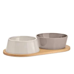 Miacara Doppio Dog Food & Water Bowls with Oak Tray
