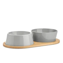 Miacara Doppio Dog Food & Water Bowls with Oak Tray