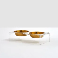 Small Clear Double Pet Feeder with Gold Bowls & Tray