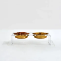 Small Clear Double Pet Feeder with Gold Bowls & Tray