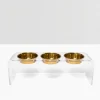 Three bowl elevated dog feeder with acrylic stand and lead-free stainless steel bowls Gold