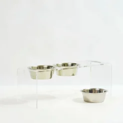 Three bowl elevated dog feeder with acrylic stand and lead-free stainless steel bowls