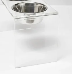 Three bowl elevated dog feeder with acrylic stand and lead-free stainless steel bowls